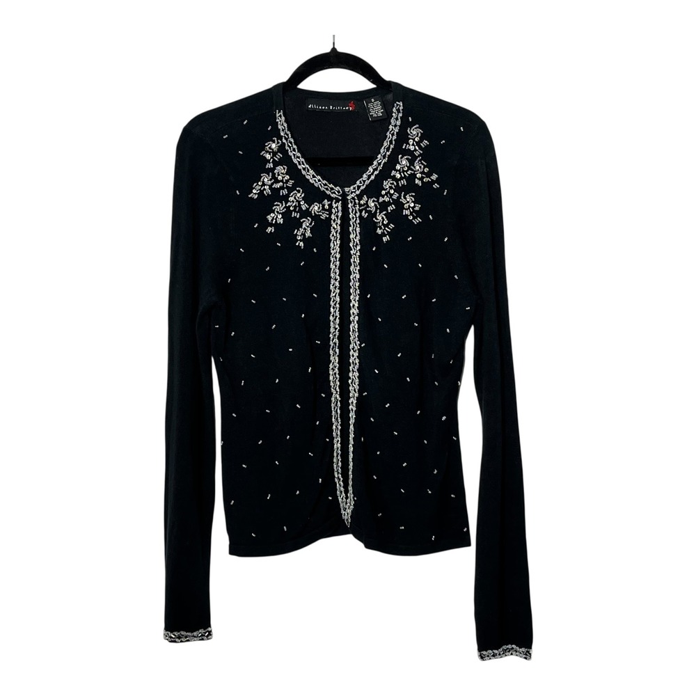 Allison Brittney Womens Small Black Beaded Sequin Cardigan Hook Eye Knit Sweater